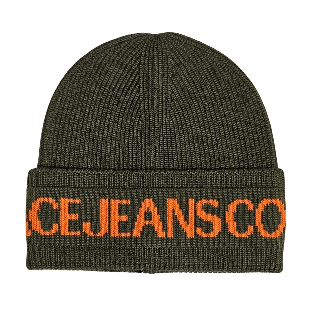 Versace Jeans Hat Beanie Dark Olive Orange Wool Blend Logo Designer